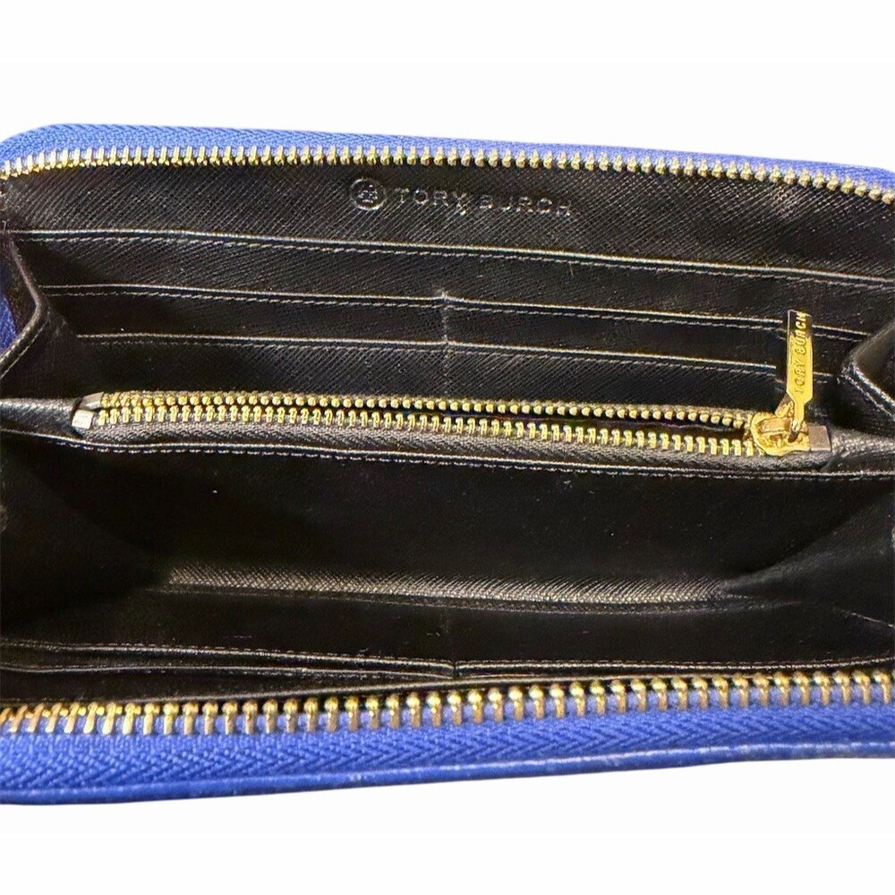 Tory Burch Blue Pebbled Leather Wallet Zip-Around Continental Tassel - Picture 3 of 7